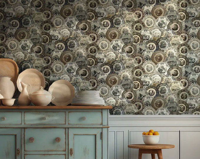 ALL DISHED UP Wallpaper Collection * Antique English Transferware Wallpaper *  Sepia Castles