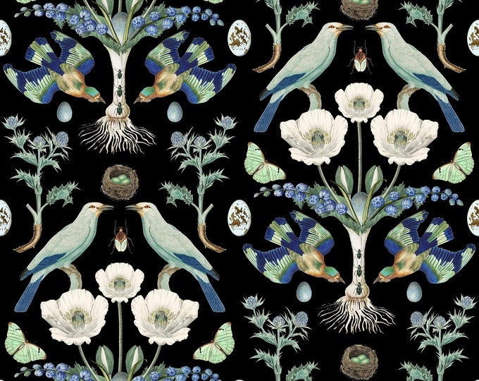 ABUNDANCE COLLECTION WALLPAPER  * Blue & White on Black * 12x12 or 24x24 repeat style *
