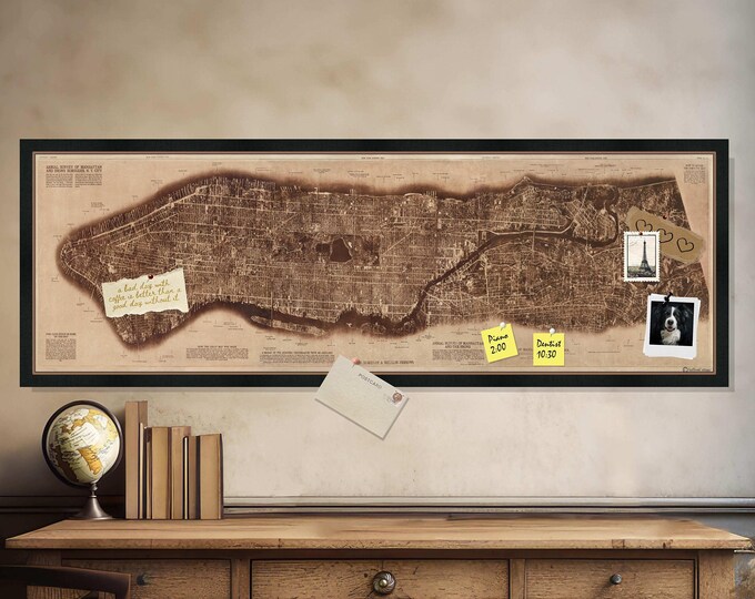 PANORAMIC ANTIQUE MANHATTAN Map Pin Board * Bulletin Board * Pin Board * 18X50 inches * all hardware included