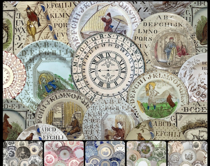 ALL DISHED UP Wallpaper Collection * 07-104 * Antique English Transferware Wallpaper * Alphabet Plates