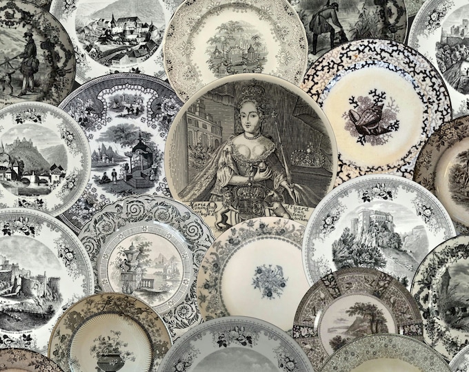 ALL DISHED UP Wallpaper Collection * Antique English Transferware Wallpaper * Black