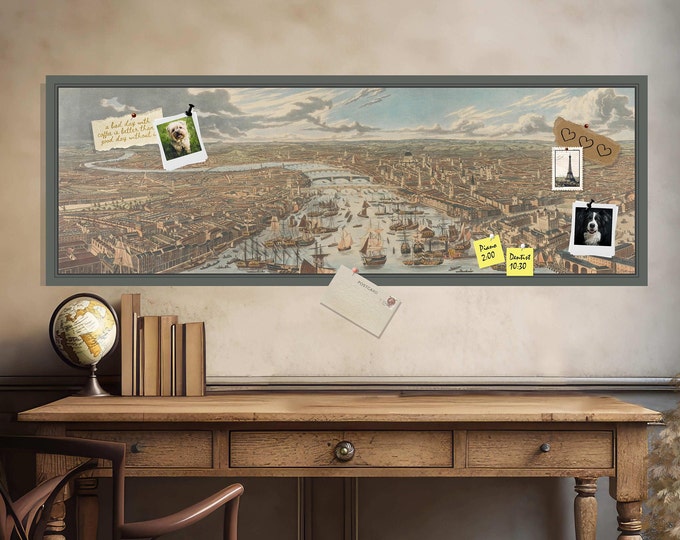 PANORAMIC ANTIQUE LONDON Pin Board * Bulletin Board * Pin Board * 18X50 inches * all hardware included