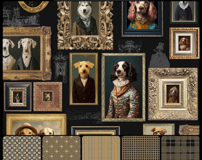GALLERIA Collection * 10-107 * DOGTON ABBEY on Black * 24x24 repeat style * fancy dogs * gentlemen's club