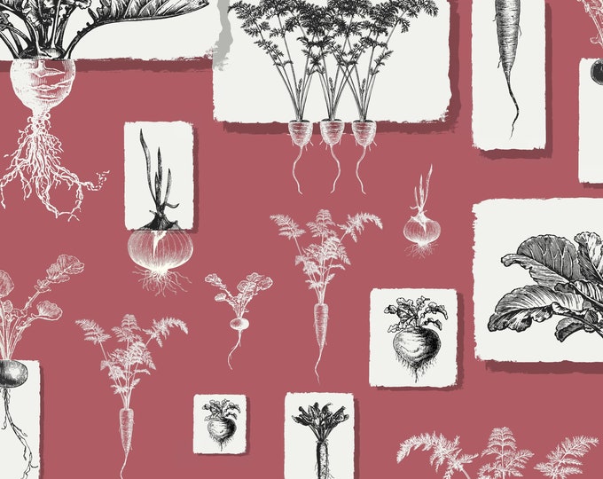FARMHOUSE COLLECTION WALLPAPER *  Root Vegetables on Paper Scraps in Red Bud * 24x24 repeat