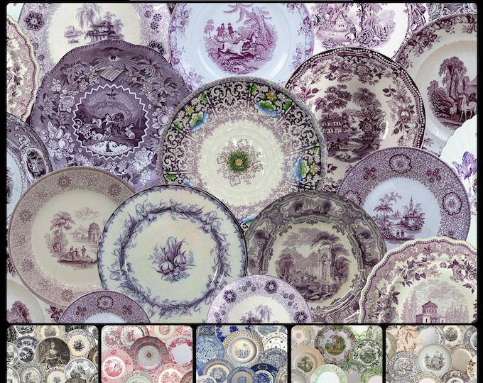 ALL DISHED UP Wallpaper Collection * 07-106 * Antique English Transferware Wallpaper * Purple