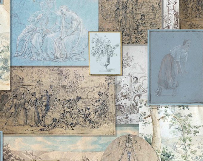 ANCIENT SKETCHES in BLUES * 24x24 repeat style * Antique Documents Wedding Sketches