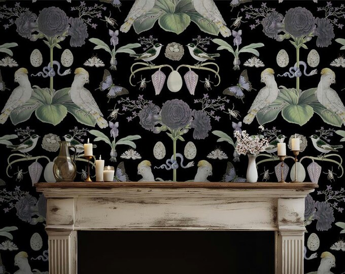 ABUNDANCE COLLECTION WALLPAPER  * Parrots on Black * 12x18 Repeat