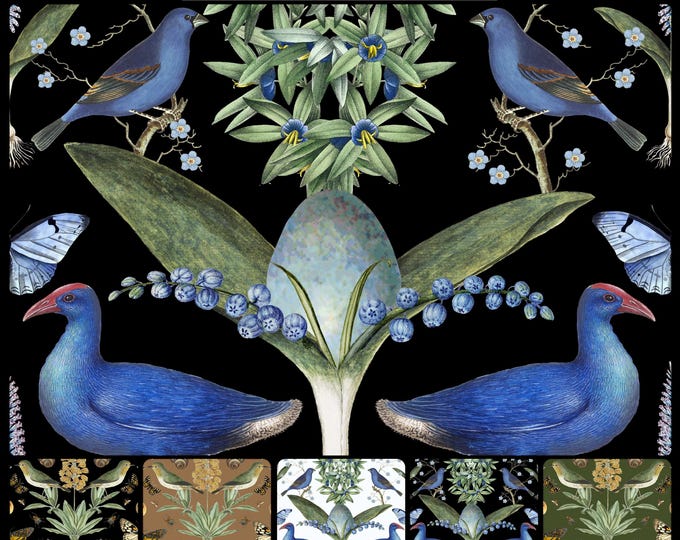 ABUNDANCE COLLECTION WALLPAPER  * 01-102A * Bluebirds on Black * 12x18 Repeat