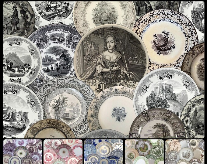 ALL DISHED UP Wallpaper Collection * 07-108 * Antique English Transferware Wallpaper * Black