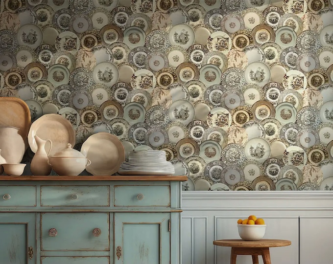 ALL DISHED UP Wallpaper Collection * Antique English Transferware Wallpaper * Brown