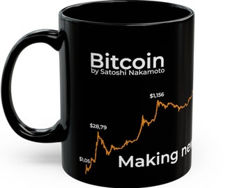May include: A black ceramic mug featuring the white text Bitcoin by Satoshi Nakamoto at the top. An orange line graph tracks price points labeled $1.05, $28.79, and $1,156. The white text Making ne is visible at the bottom right of the mug.