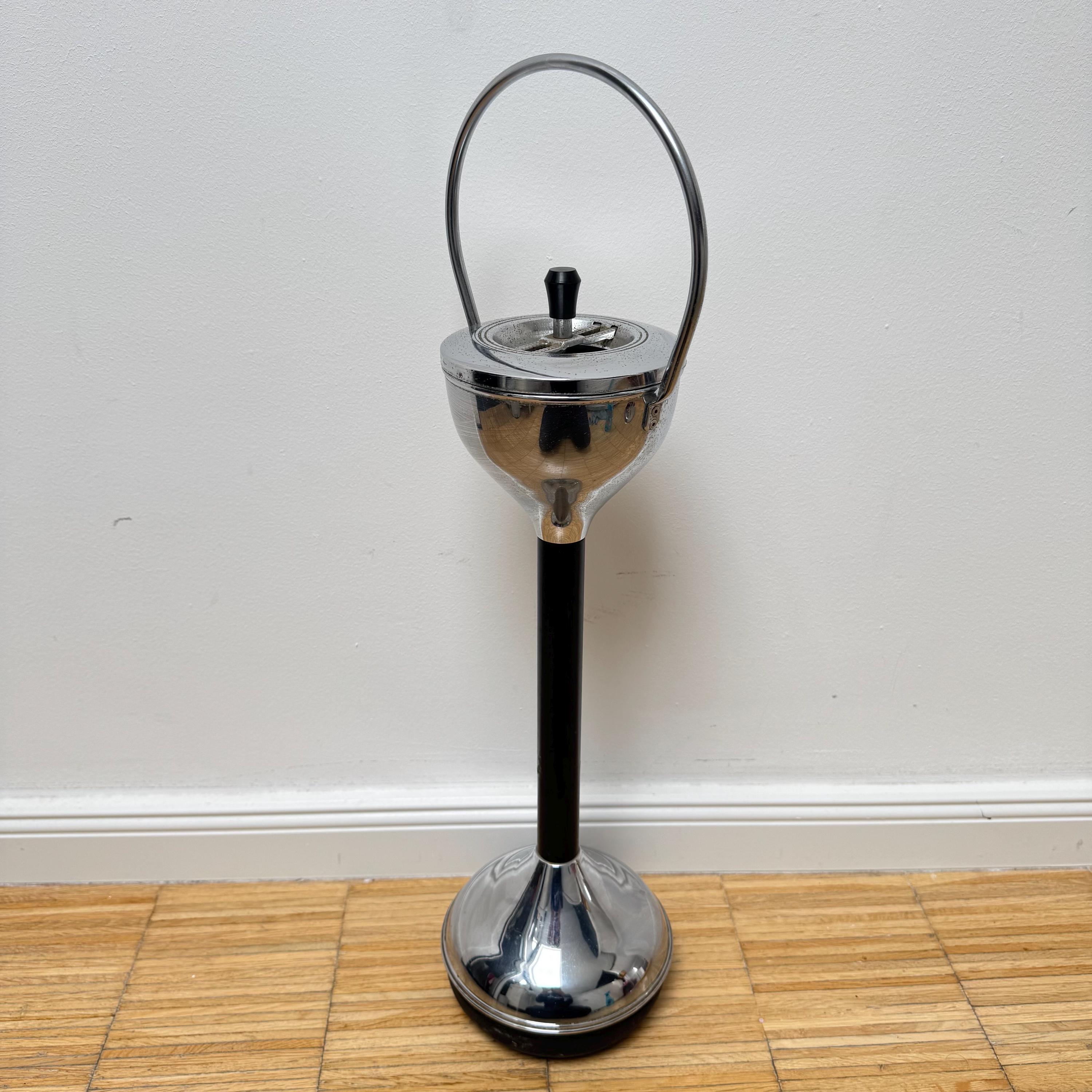 Vintage 1970s Standing Ashtray Silver Top and Base Black Leg Retro