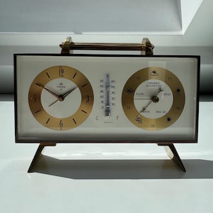 Vintage Swiza Gilt Brass Desk Clock: 1960s Barometer Thermometer