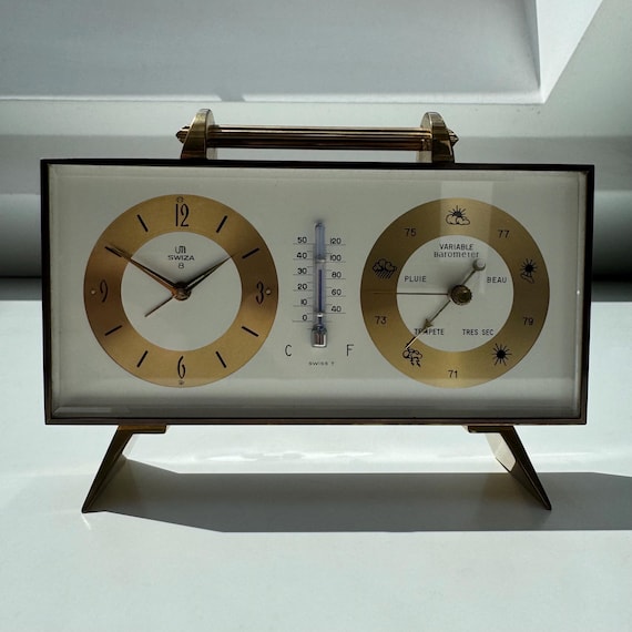Vintage Swiza Gilt Brass Desk Clock: 1960s Barometer Thermometer
