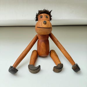 Vintage 1950s Wooden Carved Monkey with Black Hair - Karl Bojesen