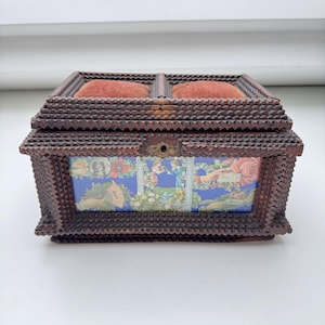 Vintage Tramp Art Jewelry Box – Folk Art Wooden Chest – Intricate Handcrafted Design – Decorative Keepsake Box – Rustic Boho Decor