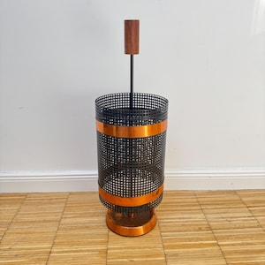 Vintage Mid-Century Umbrella Stand – Black Steel, Copper Panels, Wooden Handle, 1960s
