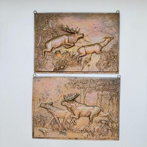 Vintage Brass Deer Hunting Scene Wall Plaque – Rustic Wildlife Wall Art