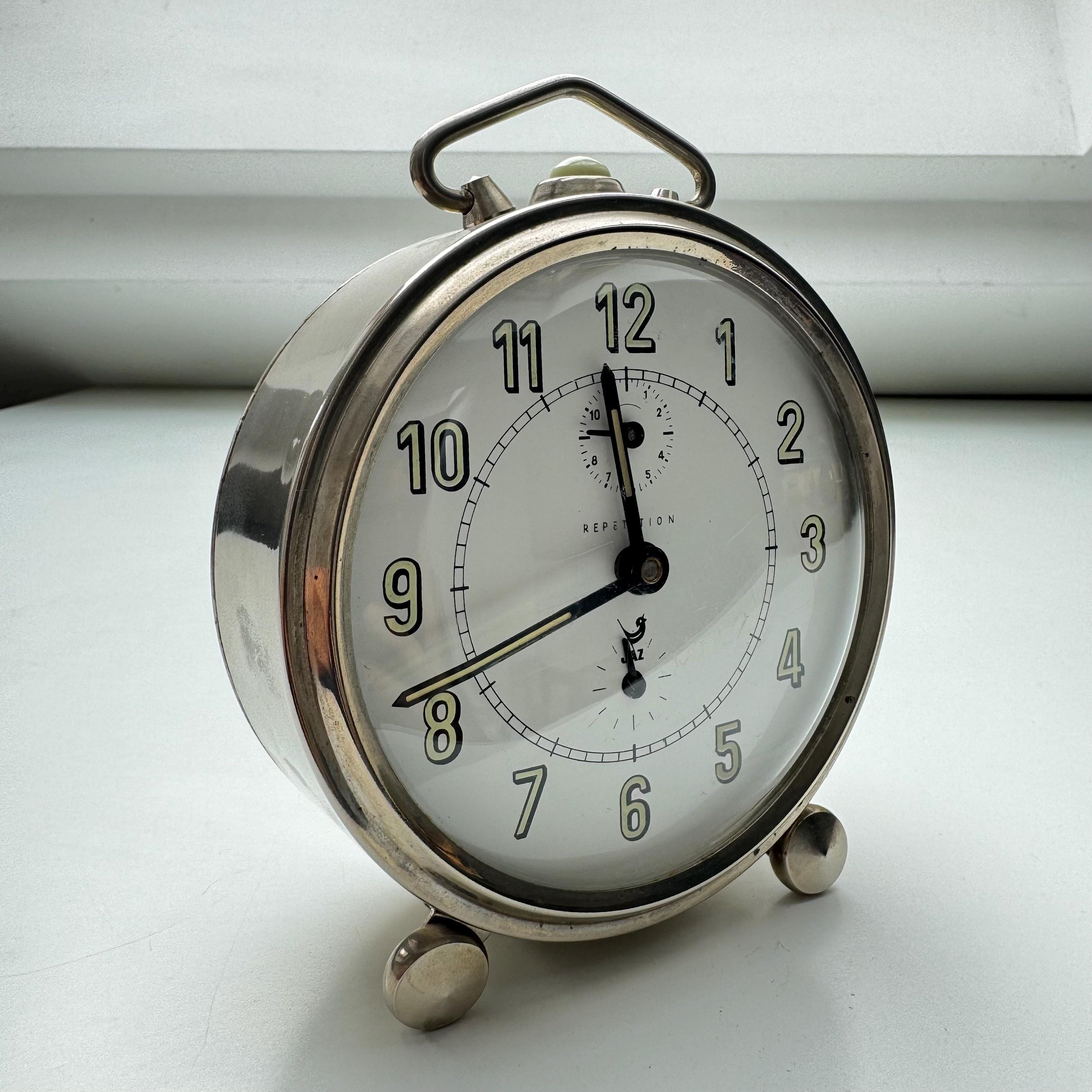 Vintage JAZ Repetition Alarm Clock – Silver Toned French