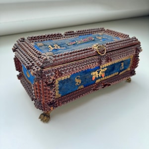 Vintage Tramp Art Jewelry Box – Brass Accents & Blue Fabric – Ornate Decorative Piece