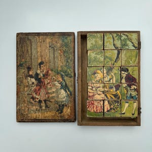 Rompecabezas francés antiguo de madera en forma de cubo. Juego completo en su caja original. Juguete de principios del siglo XX.