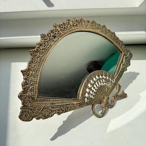 Vintage Brass Fan-Shaped Tabletop Mirror – Art Nouveau Style – Golden Toned