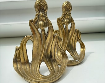 Set of 2 Solid Brass Art Nouveau Bookends – Gilde Handwerk – Floral Motif