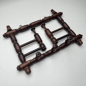 Vintage Bobbin-Turned Wooden Coat & Hat Rack – Brown Painted Wall Hanger with 5 Hooks, Cottagecore Farmhouse Entryway Décor