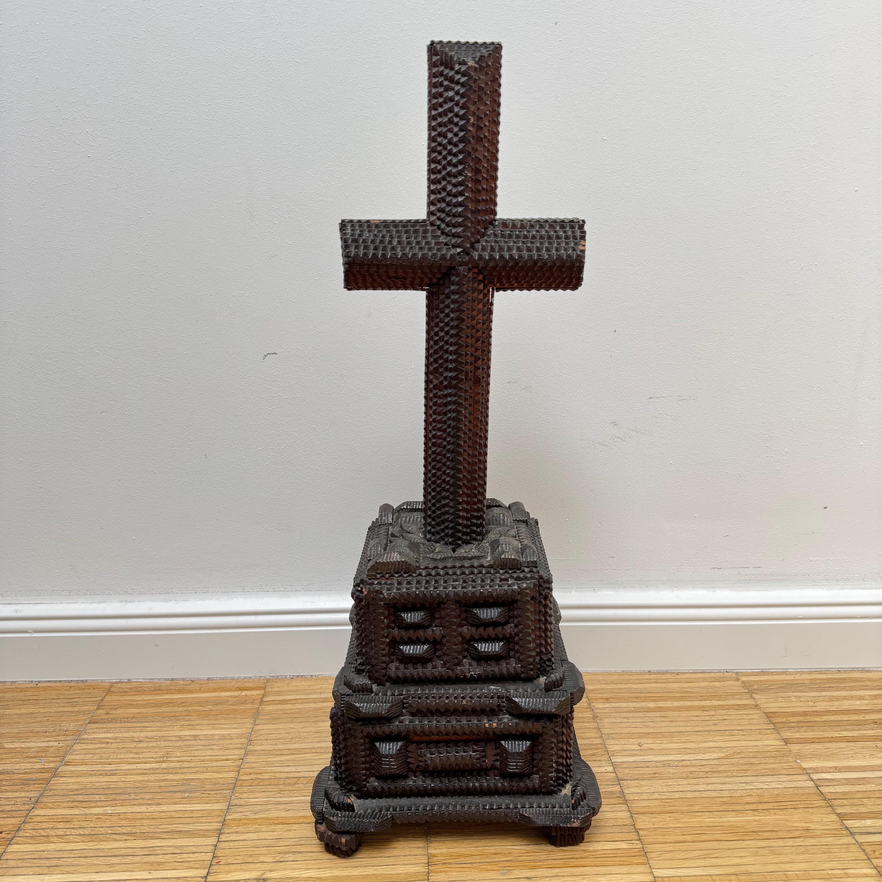Vintage Tramp Art Wooden Standing Cross | Handcrafted Folk Art
