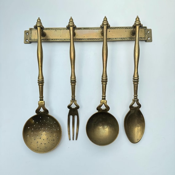 Vintage Brass Kitchen Utensils Set with Wall Hanger – Mid-Century Farmhouse Decor
