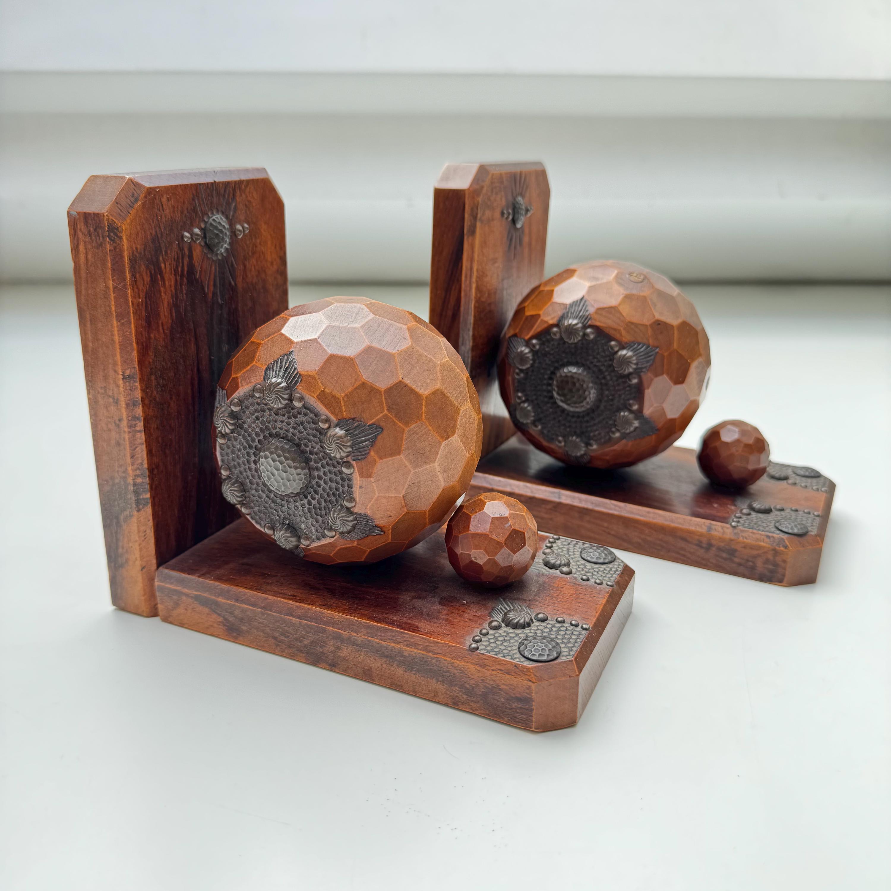 Set of 2 Vintage Wooden Bookends With Forged Metal Decoration ...