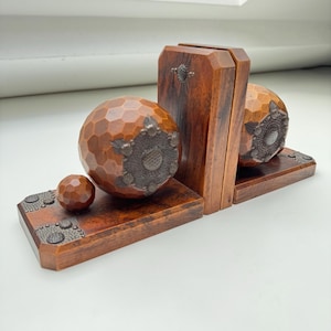 Set of 2 Vintage Wooden Bookends with Forged Metal Decoration – Handcrafted Design