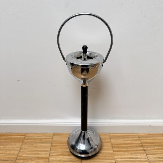 Vintage 1970s Standing Ashtray Silver Top and Base Black Leg Retro
