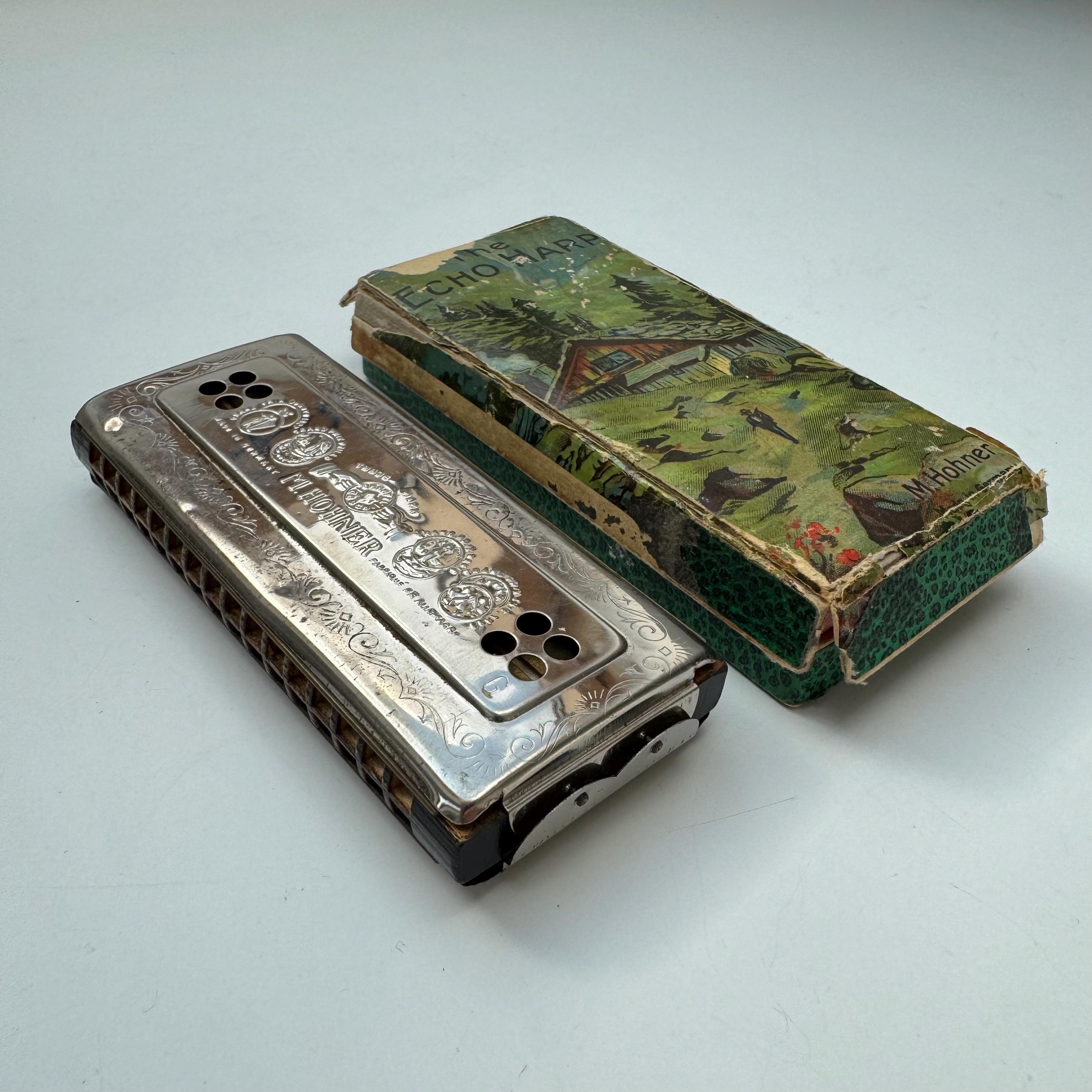Vintage Hohner Echo Bell Metal Reed Harmonica – Original Box