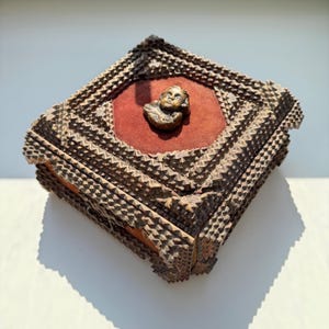 Antique Tramp Art Box with Drawer – 1906 Dated Folk Art Box – Angel Relief & Brass Handle – Carved Wooden Keepsake