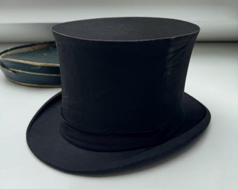 Vintage Foldable Black Top Hat Paris France with Original Box Signed Interior