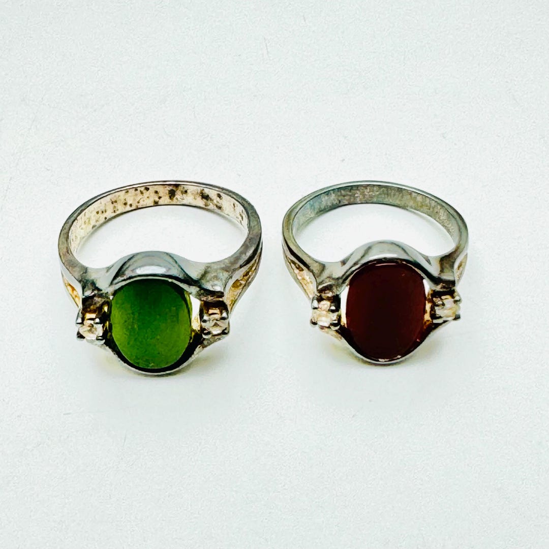 Set of Two Vintage Silver (.985) Rings With Green & Ruby-toned Stones ...