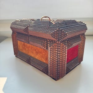 Vintage Tramp Art Jewelry Box – Handcrafted Folk Art with Brass Handle and Red Fabric Accents