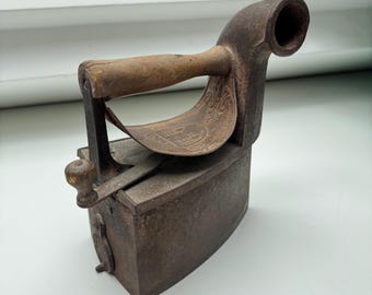 Antique Coal Clothes Iron with Chimney – Wooden Handle – Rustic Decor – Early 20th Century