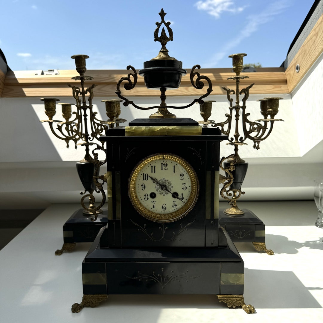 Antique French Mantel Clock With Two Candelabras - Black Marble