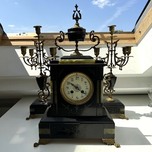 Antique French Mantel Clock with Two Candelabras - Black Marble & Bronze, 1880s