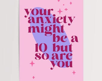 Anxiety Art Print Dopamine Funny Decor Poster for Bedroom  Home Artwork Typography Blue Red  ISO A5 A4 A3 Eclectic Housewarming Gift