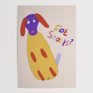 Got Snacks? Dachshund Art Print Poster Dopamine Decor for Bedroom Lounge Home Artwork ISO A5 A4 A3 Eclectic Housewarming Gift Funky
