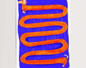 Lámina ilustrada de perro salchicha, póster azul y naranja para dormitorio o salón, regalo original para inauguración de casa (tamaños A5, A4 y A3).