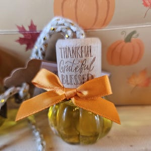 May include: A small glass pumpkin-shaped bottle filled with yellow liquid, topped with a wooden cap engraved with the words THANKFUL Grateful BLESSED. An orange satin ribbon is tied around the neck, and a white braided cord with gold flecks is attached.