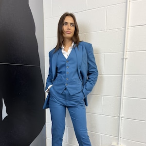 US/UK Blue Linen 3 Piece Suit