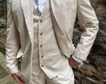 UK/US Men&#39;s Cream Linen 3 piece Suit