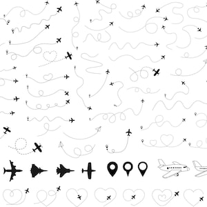 Puede incluir: Un conjunto de iconos de aviones en blanco y negro con líneas punteadas que muestran rutas de vuelo. Las rutas incluyen líneas rectas, curvas, corazones y círculos. También hay iconos para pines de ubicación.
