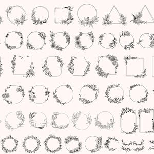 May include: A set of 50 black and white floral wreath and geometric frame illustrations. The frames are in various shapes, including circles, squares, triangles, and hexagons. Some frames are adorned with simple floral designs, while others are more elaborate.