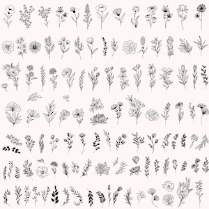 Op de afbeelding: Een verzameling van 75 zwart-witte lijntekeningen van verschillende bloemen, bladeren en takken. De illustraties zijn eenvoudig en elegant, perfect om een vleugje natuur toe te voegen aan elk ontwerp project.